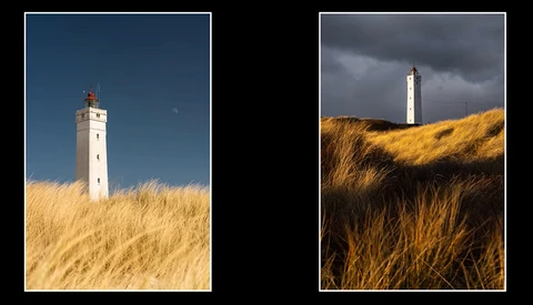 White lighthouse rising from golden dune grass under contrasting skies in two compositions.
