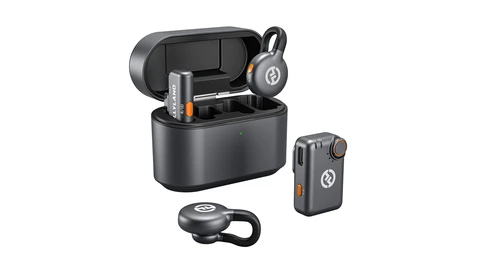 Wireless audio equipment including earbuds with charging case, a compact body camera, and a single earbud with charging dock.
