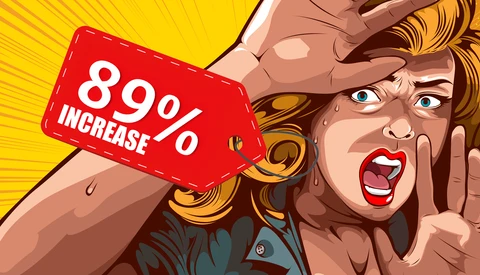 Illustration of a shocked woman holding a red price tag labeled "890% INCREASE."