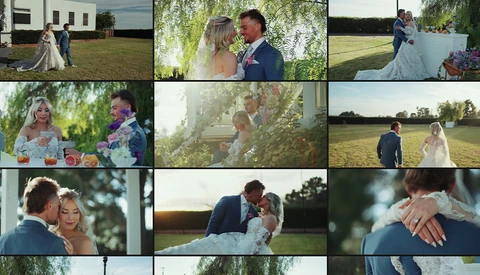 Wedding photography contact sheet featuring twelve images of a bride and groom in outdoor settings.