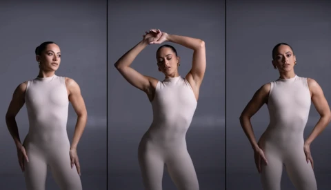 Three-panel portrait series of a figure in a white sleeveless bodysuit against a neutral gray background.
