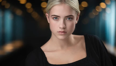 Portrait of a blonde woman with a serious expression against a blurred bokeh background.
