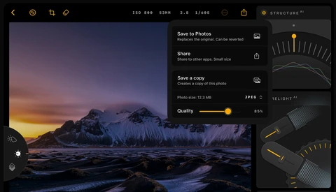 Screenshot of photo editing software showing a snowy mountain landscape at sunset with adjustment panels and quality controls.
