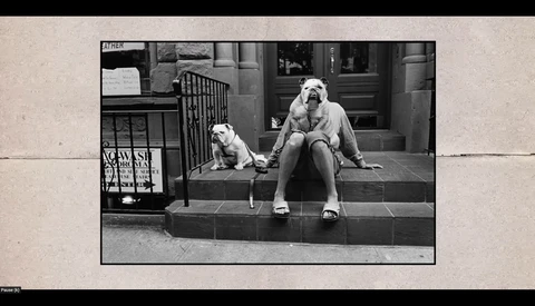 Woman and small dog sitting together on urban building steps in black and white photography.