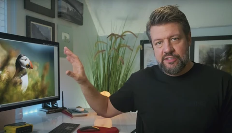 Man gesturing toward monitor displaying puffin photograph in studio setting.