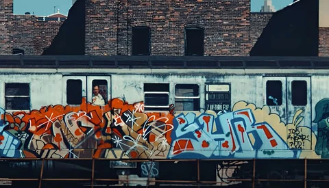Vibrant graffiti mural on a train with orange, red, and blue lettering against weathered building backdrop.
