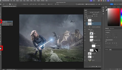 Screenshot of Photoshop displaying a composite image of a warrior wielding a glowing sword in a dramatic fantasy landscape.