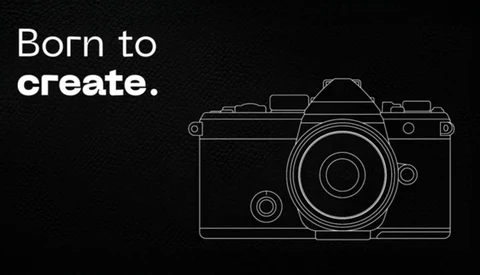 Line illustration of a professional film camera with the text "Born to create."