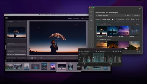 Screenshot of video editing software with umbrella-lit portrait and asset library panel.