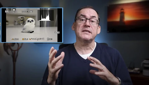 Man in glasses discussing photo editing software interface showing an owl image with histogram.