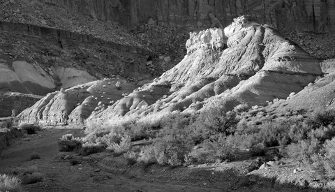 Eroded mineral deposits with distinctive layered formations and sparse desert vegetation in black and white.