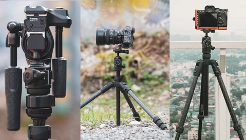 Three tripod setups with gimbal heads and camera mounts for video production and stabilization.