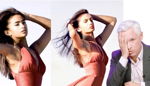 Woman in coral dress with hand to head in two poses; older man in purple cardigan looking contemplative.