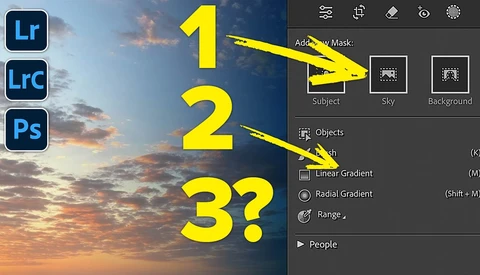 Screenshot of Lightroom and Photoshop mask adjustment panels with a sunset sky image.