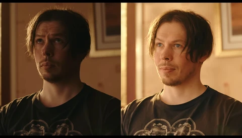 Side-by-side comparison of the same man in identical black graphic t-shirt against warm interior lighting.