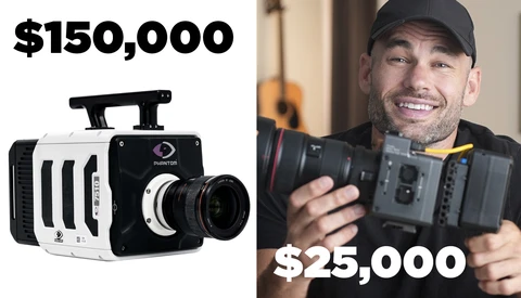 Comparison graphic showing a professional cinema camera priced at $150,000 alongside a videographer holding a compact camera priced at $25,000.