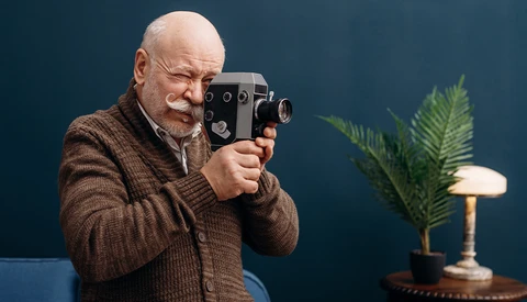 Older man with beard holding vintage film camera up to his face against blue background.