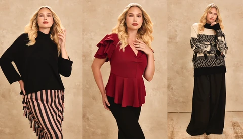 Three women modeling different styling options against a neutral beige backdrop.