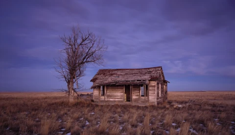 Abandoned wooden house with bare tree in vast, empty prairie at dusk under purple sky.