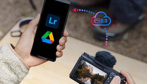 Photographer holding smartphone displaying Lightroom and Google Photos logos alongside mirrorless camera with forest landscape preview.