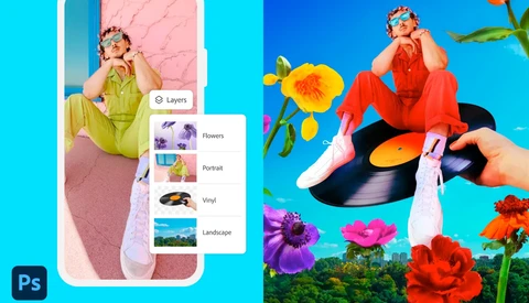 Screenshot showing Adobe Photoshop editing interface with layers panel and creative compositing techniques.