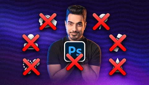 Illustration of a person wearing a Photoshop logo badge surrounded by red X marks on a purple gradient background.