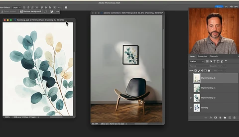 Screenshot of Adobe Photoshop 2024 showing multiple open images including watercolor botanical art and an interior design scene.