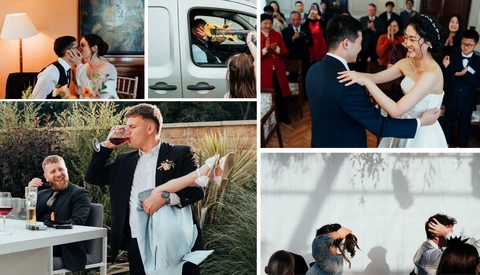 Wedding day moments including first dance, ceremony details, toasts, and guest celebrations.