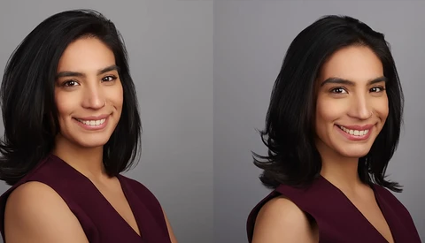 Professional headshot comparison showing two angled poses of the same woman in maroon top against neutral gray background.