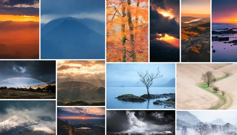 Collage of 16 landscape and nature photographs featuring sunsets, mountains, water, and seasonal scenes.