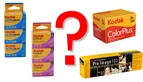 Comparison graphic displaying four Kodak film product lines with a large red question mark in the center.