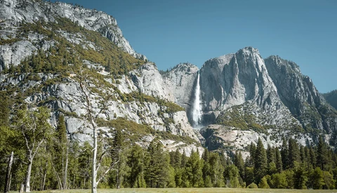 Yosemite Valley with a tall waterfall cascading down granite cliffs surrounded by coniferous forest.