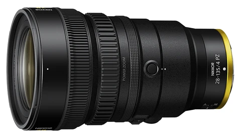 Nikon Z-mount telephoto lens with gold accents on the rear barrel against white background.