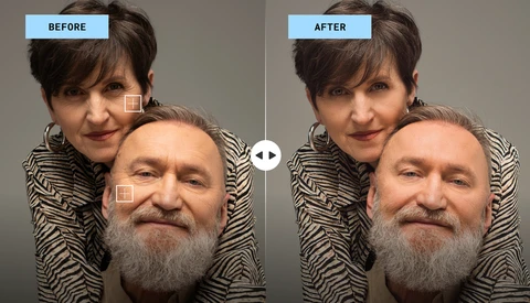 Before and after comparison of portrait retouching on two people in zebra-print clothing.