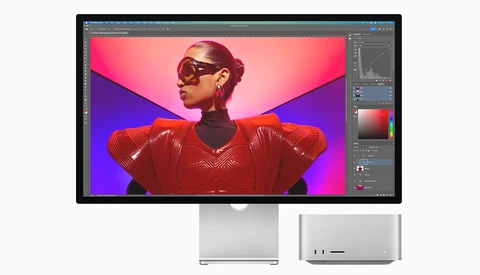 Screenshot of Adobe Photoshop displaying a portrait with vibrant pink and purple gradient background and red metallic jacket.