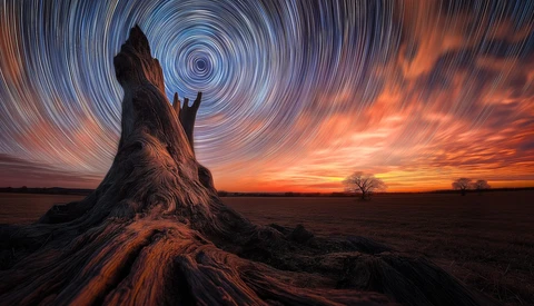 Gnarled tree stump silhouetted against a vibrant orange sunset with star trail arcs overhead.