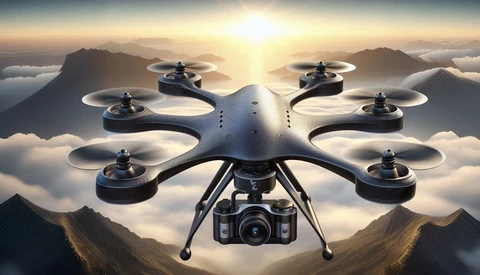 Illustration of a hexacopter drone with camera mounted below, hovering above clouds with mountain peaks visible in sunrise lighting.