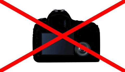 Illustration of a DSLR camera with a red X overlaid across it.