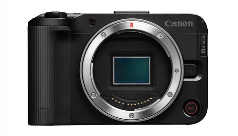 Canon EOS R5C mirrorless camera body shown from front with open mirror box and sensor visible.
