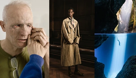 Triptych of portrait, fashion, and landscape photography showcasing studio lighting and natural environments.
