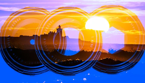 Composite image with three overlapping circular lens elements framing a sunset cityscape silhouette.