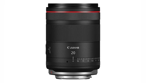 Canon RF 20mm f/2.8 macro lens with red accent ring and distance scale markings.
