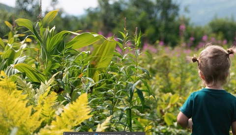 Child viewing a garden with blooming flowers and green foliage in soft daylight.