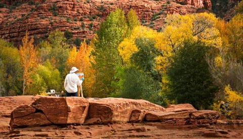 Person sitting on a large red rock overlooking a canyon with autumn foliage in the background.