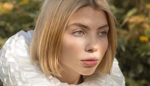 Young woman with shoulder-length blonde hair wearing a white textured garment, photographed outdoors with soft natural lighting.
