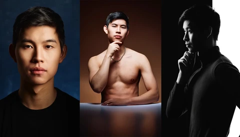 Three portrait photographs of an Asian male model showcasing different lighting and styling approaches.