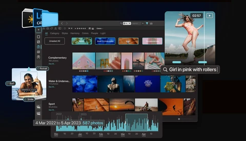 Screenshot of photo management software showing organized image library with multiple themed collections and timeline.