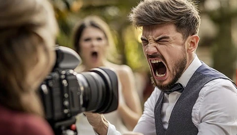 Photographer with large telephoto lens capturing an animated reaction from a man in formal attire at an outdoor event.