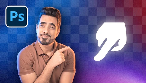 Man in brown polo shirt pointing at large white hand cursor icon against blue-to-purple gradient background.