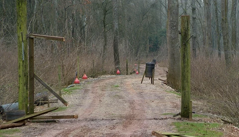 Outdoor training course with wooden obstacles and safety cones in bare winter forest.